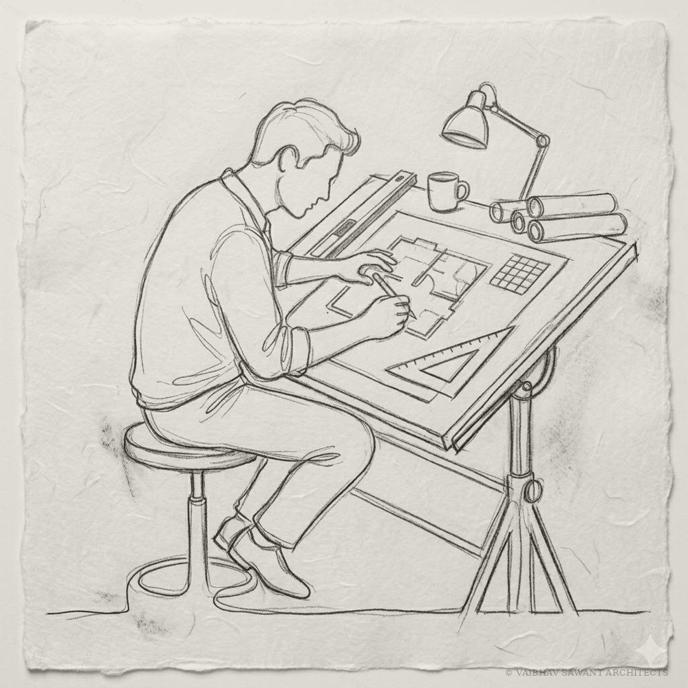 Pencil sketch — architect at the drafting table